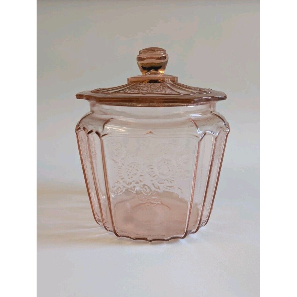 Anchor Hocking Pink Mayfair Open Rose Biscuit Jar with Lid - Depression Glass